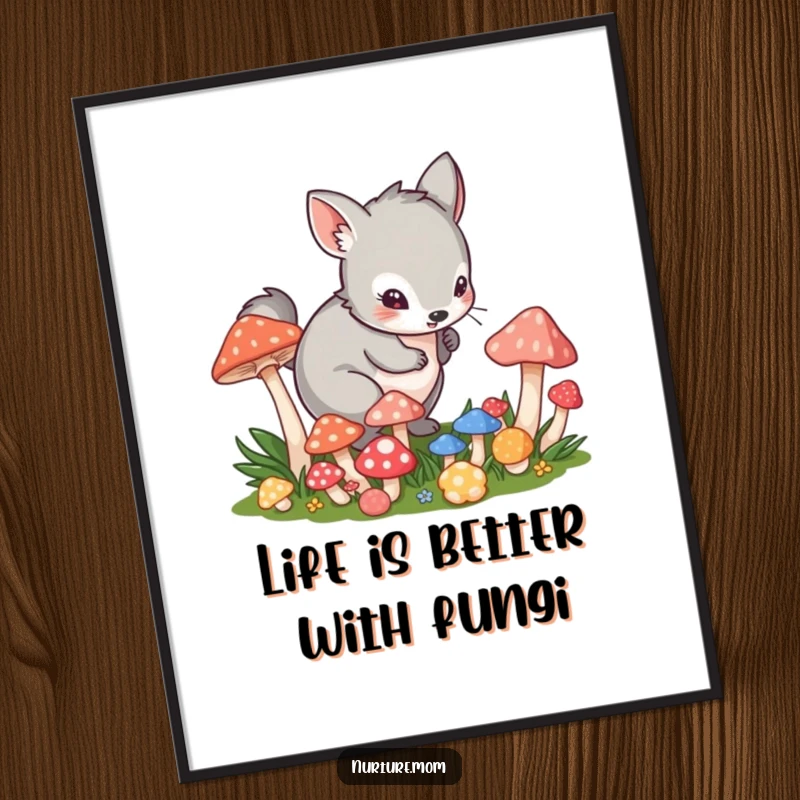 Funny Free Printable Wall Art: Playful animal in a crouch tending to a patch of vibrant, magical mushrooms.