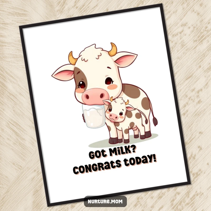 Free Printable Wall Art: A contented cow mom offers fresh milk to her adorable calf, a peaceful scene.