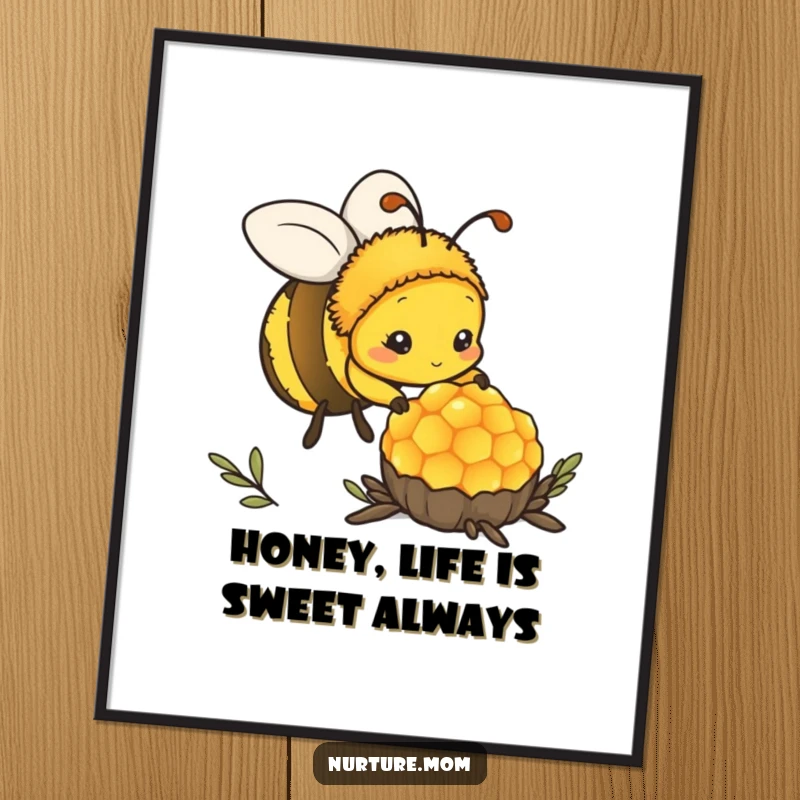Funny Free Printable Wall Art: Kawaii mother bee tending honeycomb, dedicated and cute downloadable decor.