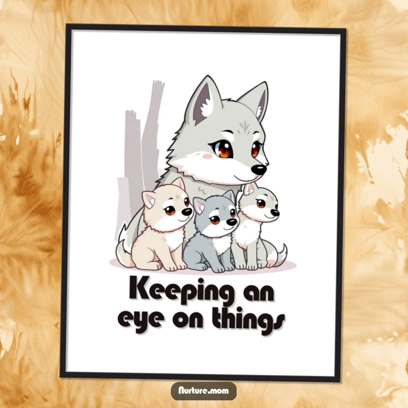 Funny Free Printable Wall Art: Wolf mom closely watching her pups, protective nature, wild forest background, majestic animal art, downloadable