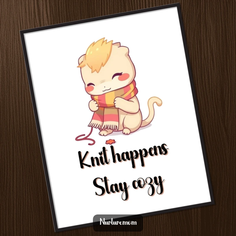 Funny Free Printable Wall Art featuring a creature focused on knitting a miniature, colorful scarf.