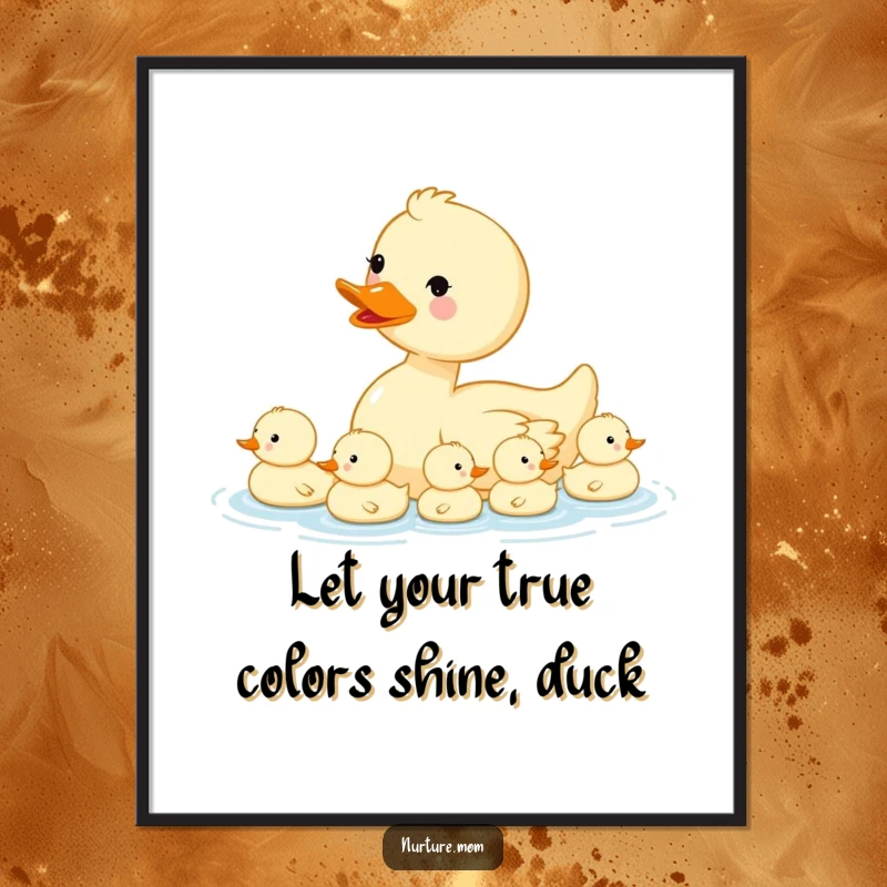 Funny Free Printable Wall Art: Kawaii mama duck leads ducklings in a row, cute downloadable decor.