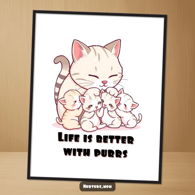 Funny Free Printable Wall Art: Mother cat tenderly grooming her playful, affectionate kittens.