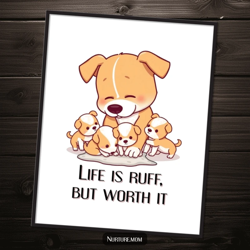 Funny Free Printable Wall Art: A weary but loving dog mom cleans up after her rambunctious puppies.