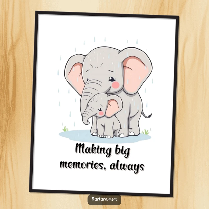 Serene Free Printable Wall Art: Mother elephant shelters her young calf from the rain, evoking protection.
