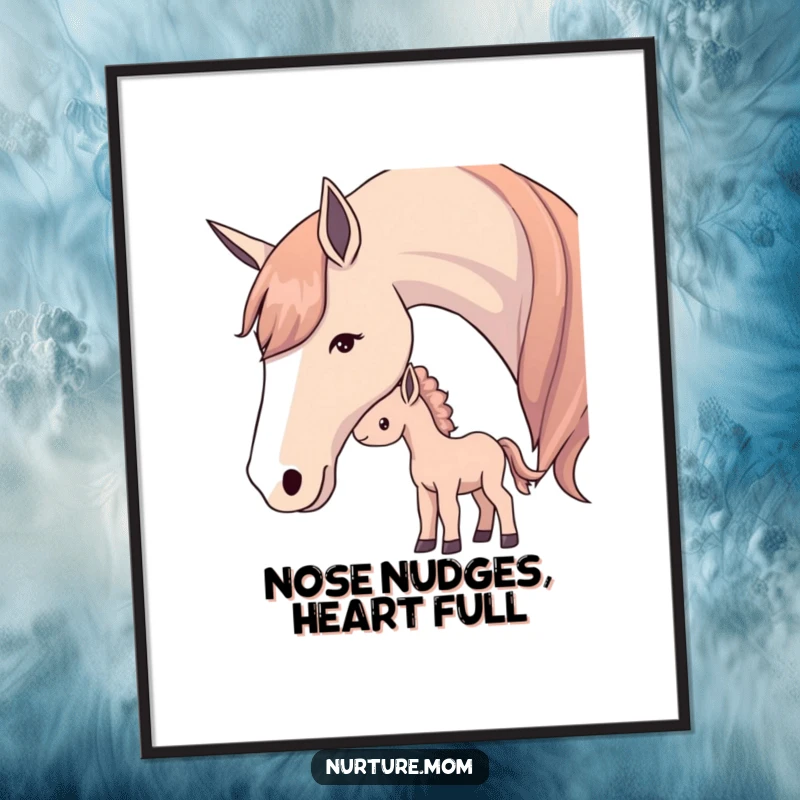 Graceful Free Printable Wall Art: Mother horse gently nudges her playful foal, capturing a tender bond.