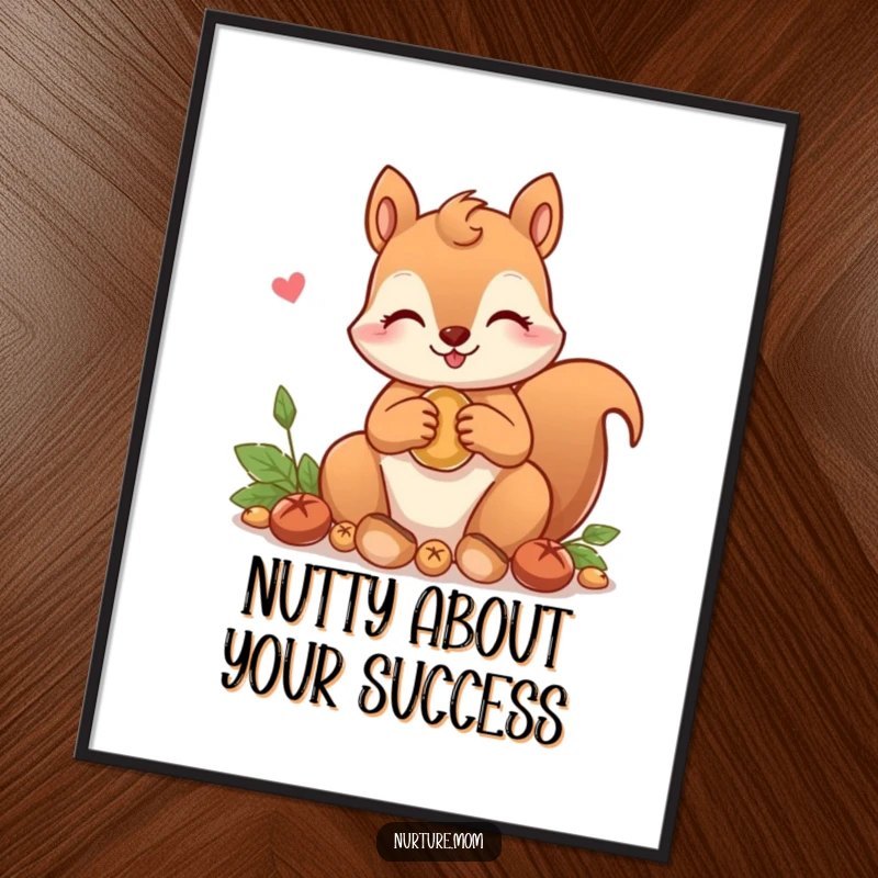 Free Printable Wall Art: A kawaii squirrel mom with a loving expression gathers nuts, adding cuteness.