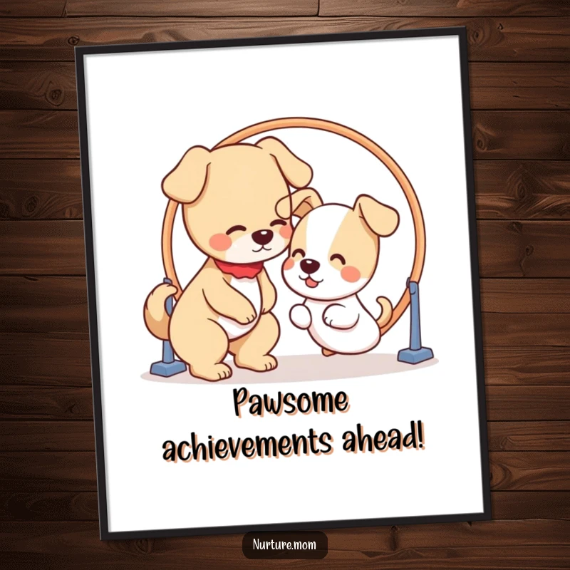 Funny Free Printable Wall Art: Kawaii dog mom patiently guiding a puppy through a hoop, humorous pet decor.