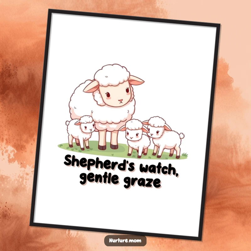 Funny Free Printable Wall Art: A gentle mother sheep peacefully watches over her flock of grazing lambs.