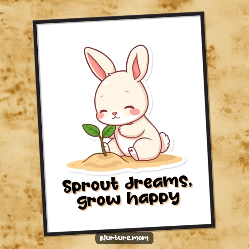 Funny Free Printable Wall Art: A small bunny character gently patting a tiny sprout, symbolizing growth and joy, perfect DIY decor.