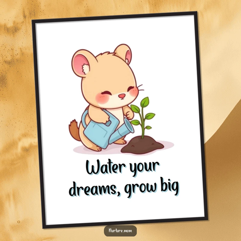 Funny Free Printable Wall Art: Small animal waters a tiny seedling, celebrating life and gentle care.
