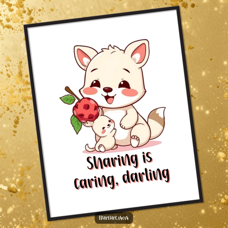 Funny Free Printable Wall Art depicting a happy animal sharing a ripe berry with a small, appreciative creature.