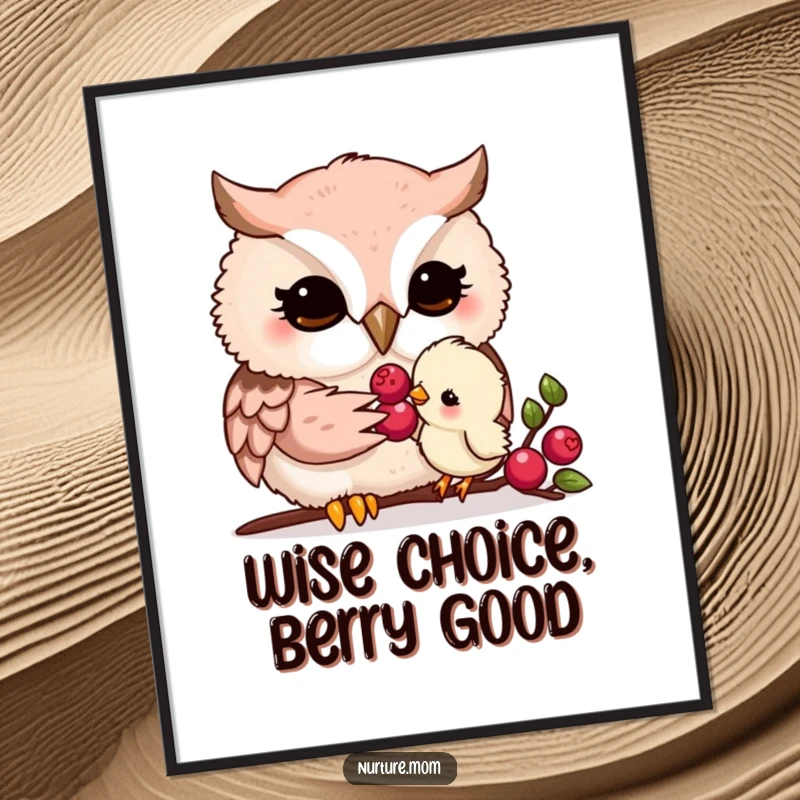 Funny Free Printable Wall Art: Kawaii owl mom tenderly feeding a tiny chick a berry, evoking warmth.