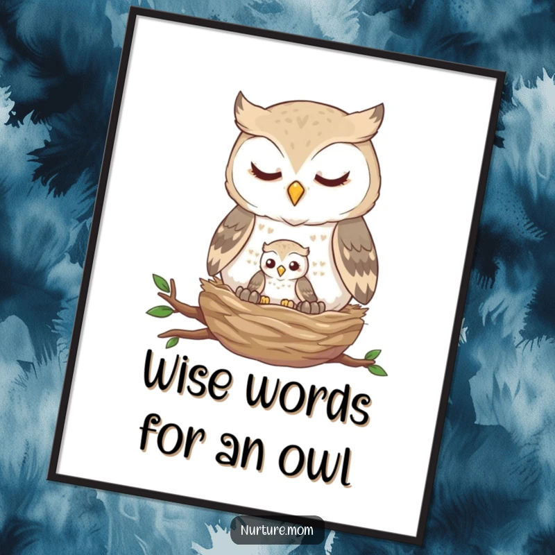 Funny free printable wall art depicting a gentle owl feeding its tiny fledgling in a warm nest.