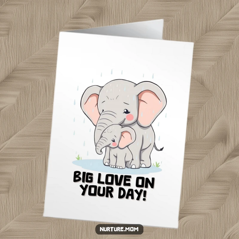 Touching Free Printable Birthday Card: Mother elephant shields her calf from rain, symbolizing protection and love.