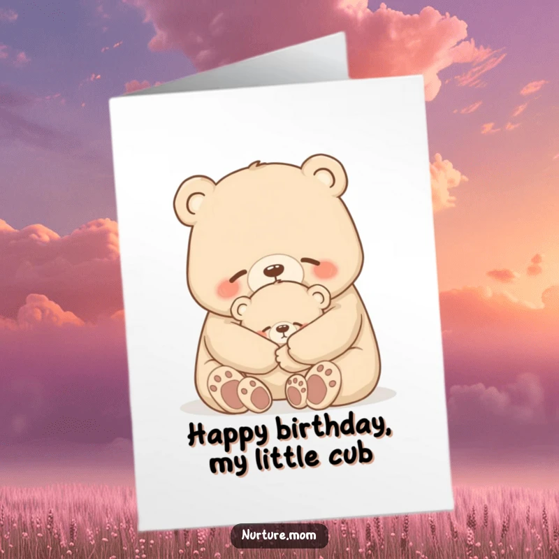 Funny Free Printable Birthday Card: Motherly bear gently hugs a tiny cub, sharing a tender moment.