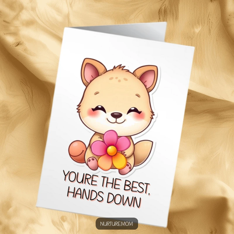 Funny Free Printable Birthday Card featuring a cute animal with a loving gaze offering a vibrant flower.