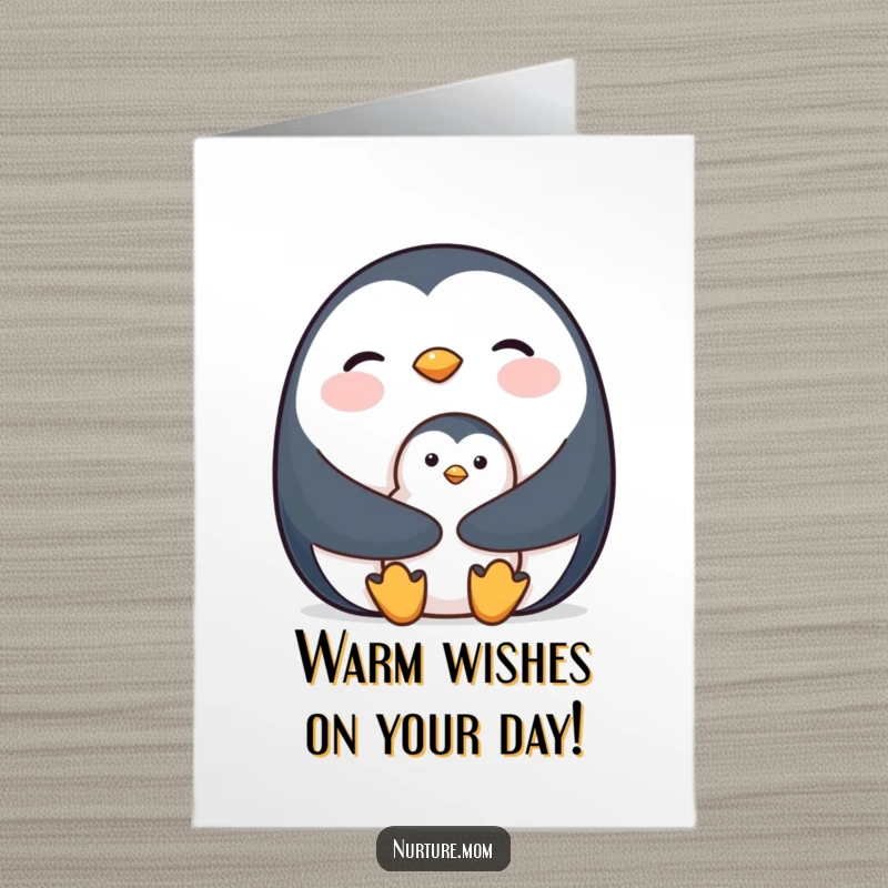 Cozy Free Printable Birthday Card: Mother penguin holds her chick close, radiating warmth and love.