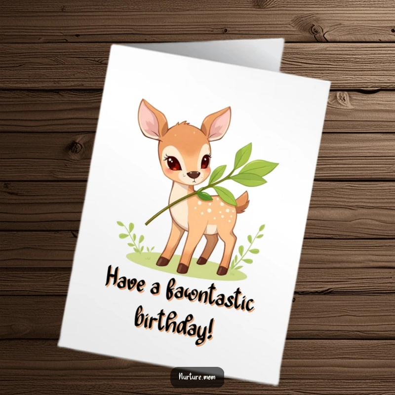 Funny Free Printable Birthday Card: A small deer kindly offers tasty leaves from a green branch.