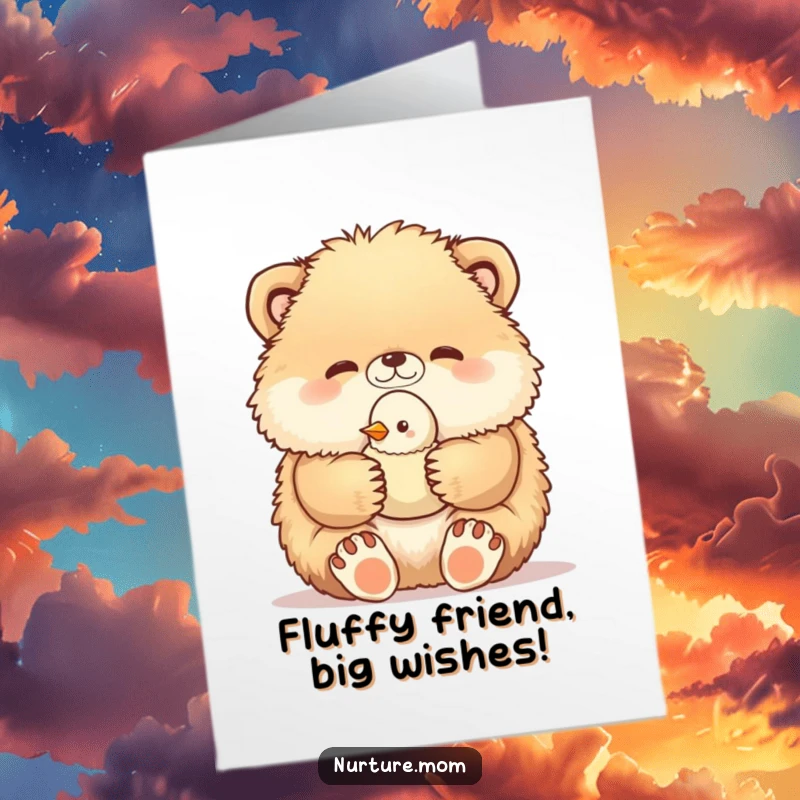 Funny Free Printable Birthday Card: Fluffy animal gently cradles a tiny baby bird, spreading birthday cheer. A unique downloadable card.