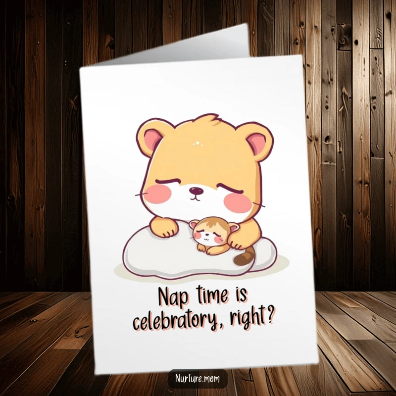 Funny Free Printable Birthday Card featuring a large animal peeking lovingly at a tiny sleeping creature, perfect for a gentle laugh.