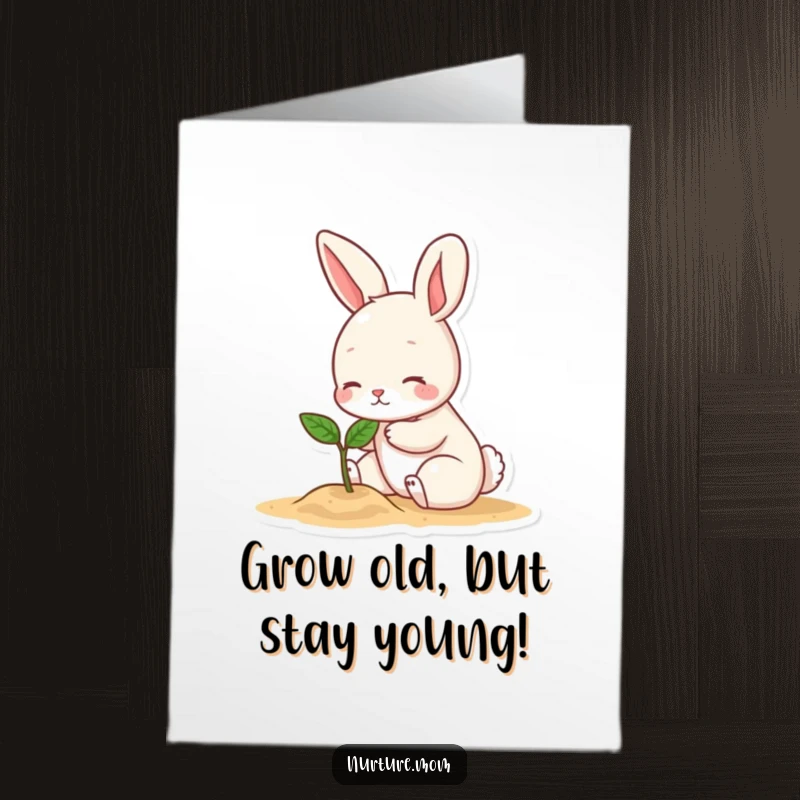 Funny Free Printable Birthday Card: Cute bunny gently pats a tiny sprout, symbolizing growth and laughter, a delightful DIY gift.