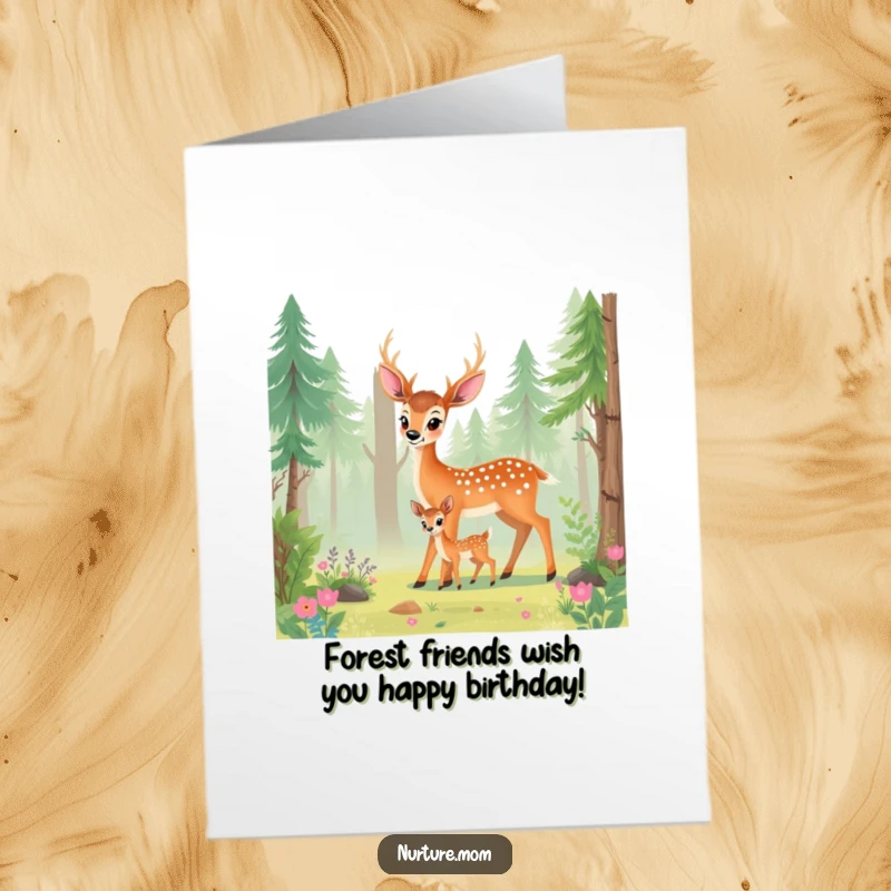 Funny Free Printable Birthday Card: Deer mom leading fawn in forest, sweet and caring, nature scene, downloadable art