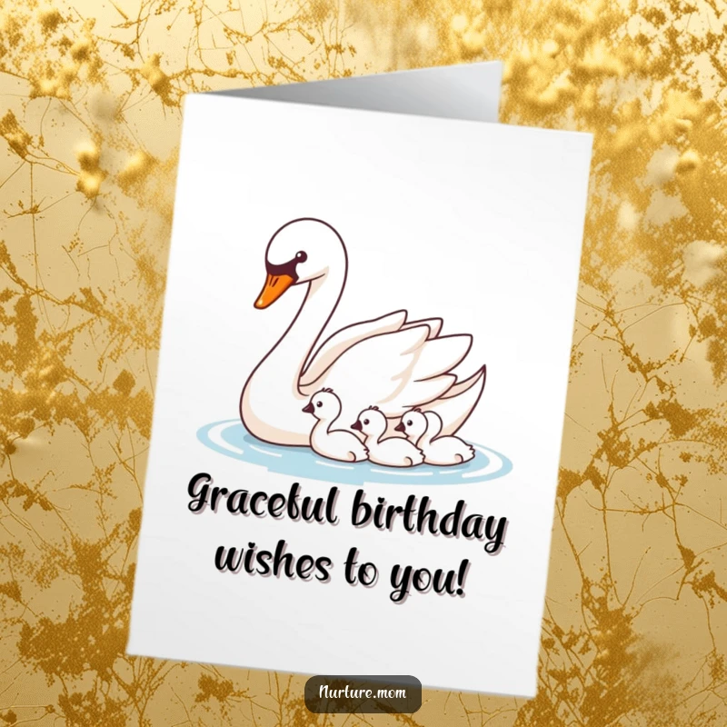 Elegant Free Printable Birthday Card: Graceful swan leading her cygnets across calm water.