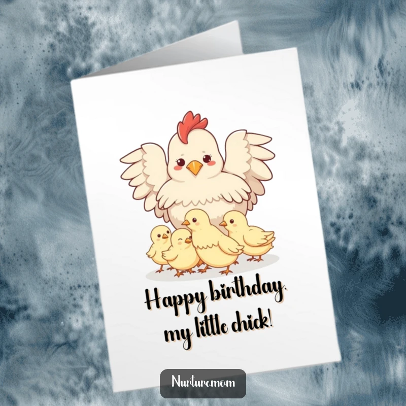 Cute Free Printable Birthday Card: Protective hen shielding her fluffy chicks under her wings.
