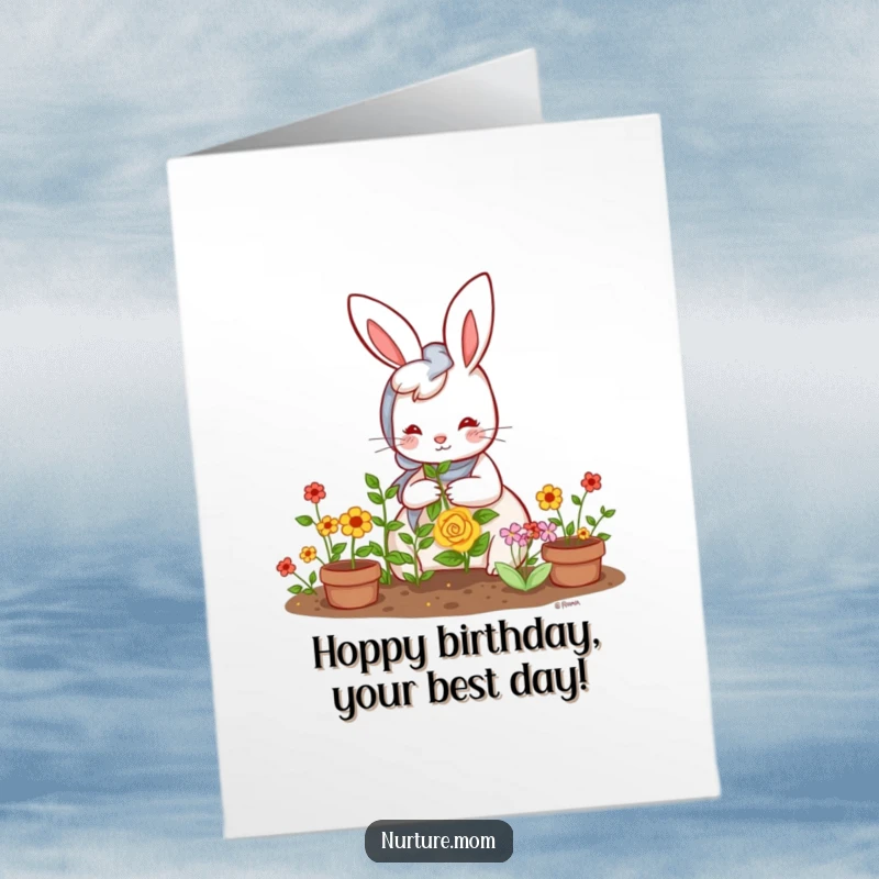 Funny Free Printable Birthday Card: Kawaii rabbit mom lovingly waters her flourishing garden, a whimsical and humorous scene.