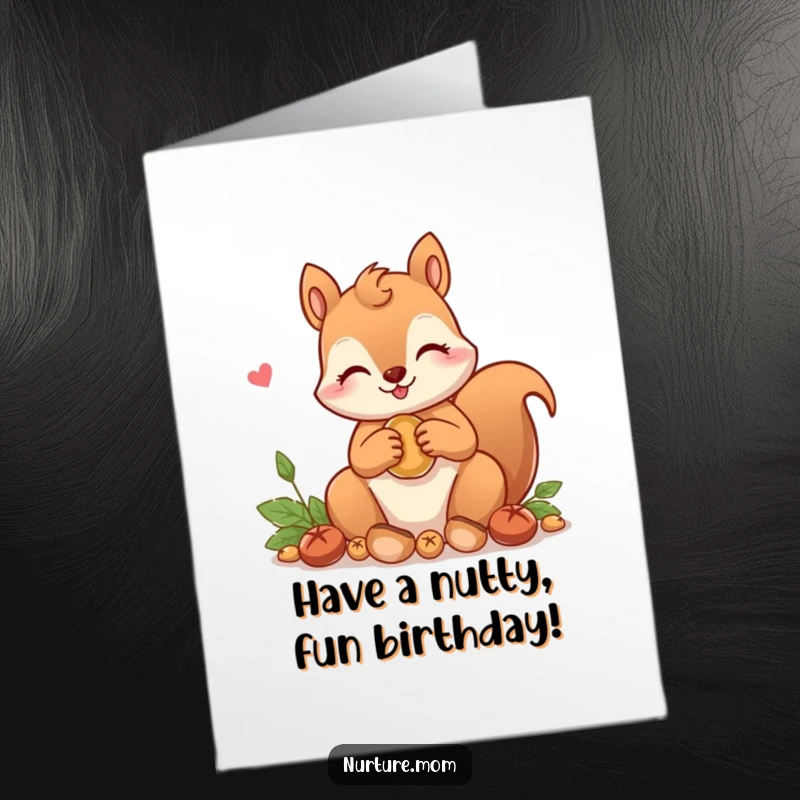 Free Printable Birthday Card: A kawaii squirrel mom lovingly gathers nuts, perfect for a cute greeting.