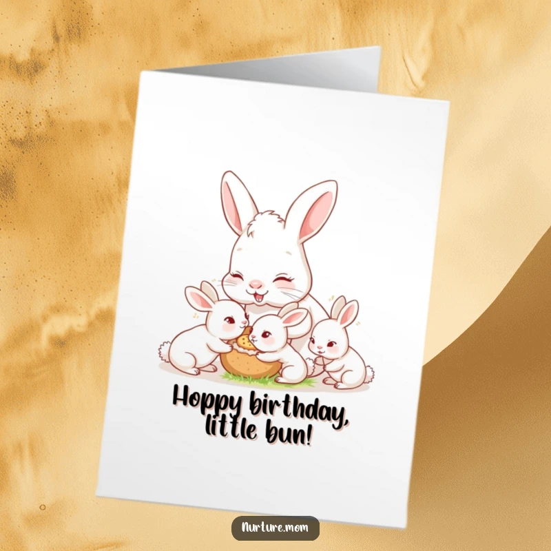 Funny Free Printable Birthday Card: Nurturing mother rabbit feeds her many hungry little bunnies with love.