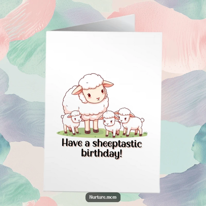 Funny Free Printable Birthday Card: Gentle mother sheep watches over her playful grazing lambs in a meadow.