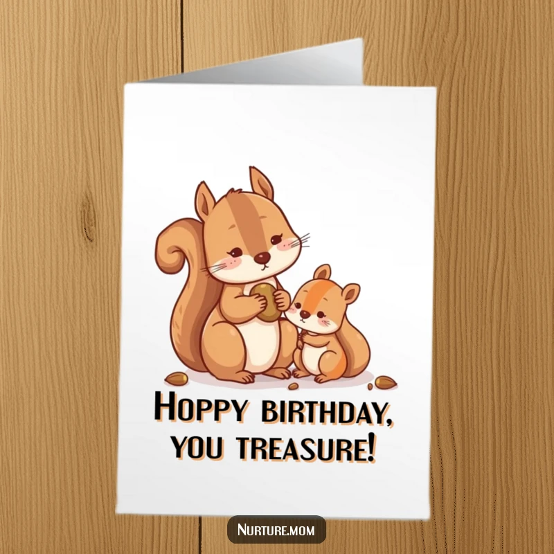 Funny Free Printable Birthday Card: A contented squirrel shares delicious nuts with a smaller squirrel.