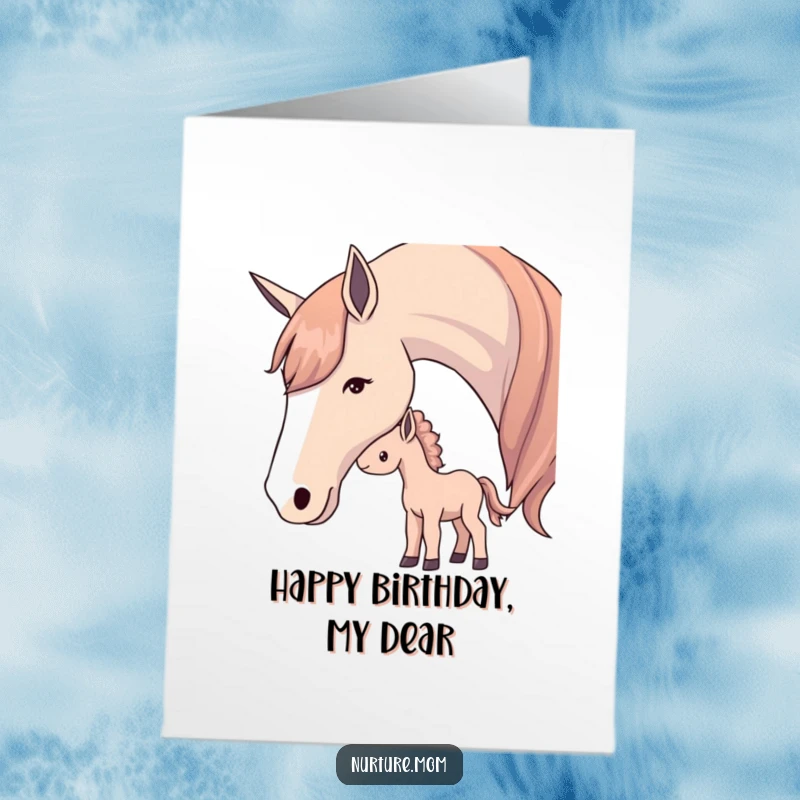 Sweet Free Printable Birthday Card: Mother horse softly nudges her foal, a tender moment of love.