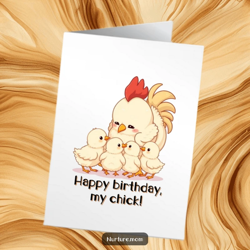 Sweet Free Printable birthday card with a proud mother hen gazing fondly at her fluffy chicks, a heartwarming downloadable illustration.