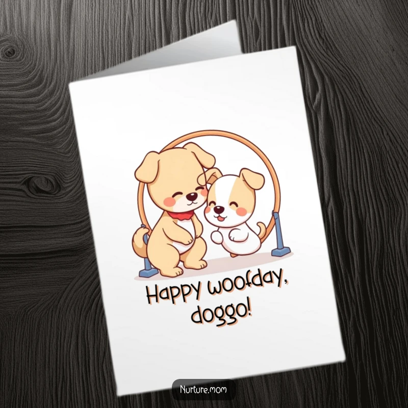 Funny Free Printable Birthday Card: Kawaii dog mom patiently guides puppy through hoop, hilarious dog training theme.