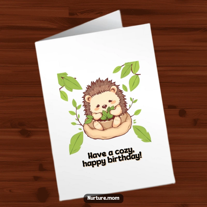Free Printable Birthday Card: A gentle hedgehog mom creates a cozy nest of leaves, perfect for a sweet wish.