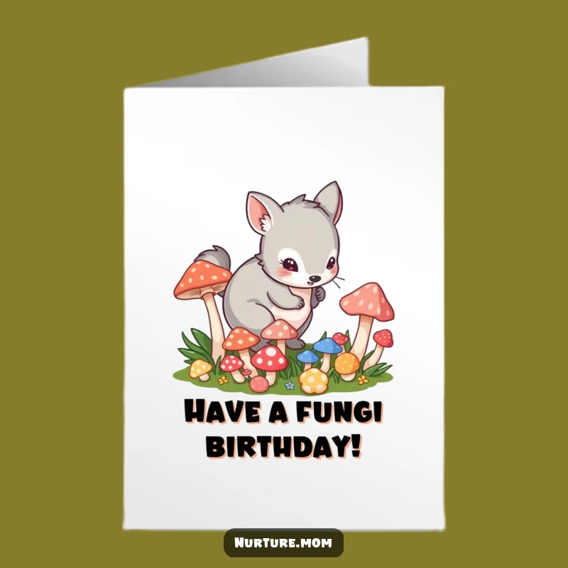 Free Printable Birthday Card: Playful Animal & Mushrooms, Whimsical Downloadable Humorous Gift