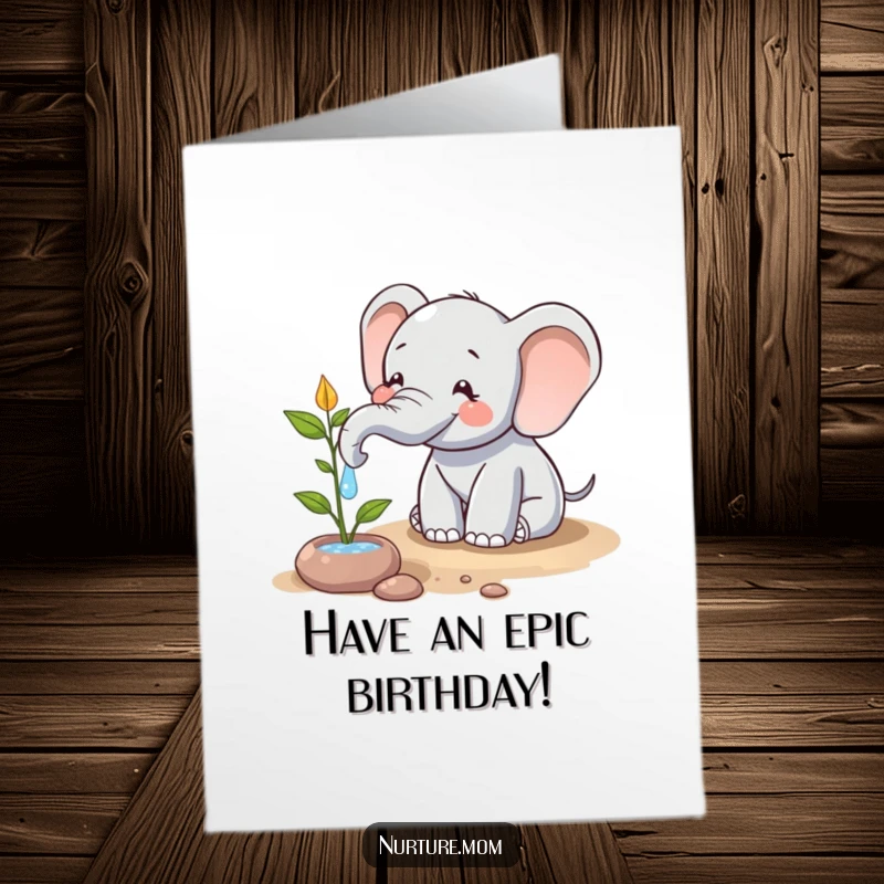 Funny Free Printable Birthday Card: Happy elephant waters a plant with its trunk, symbolizing growth and good cheer, a delightful downloadable gift.