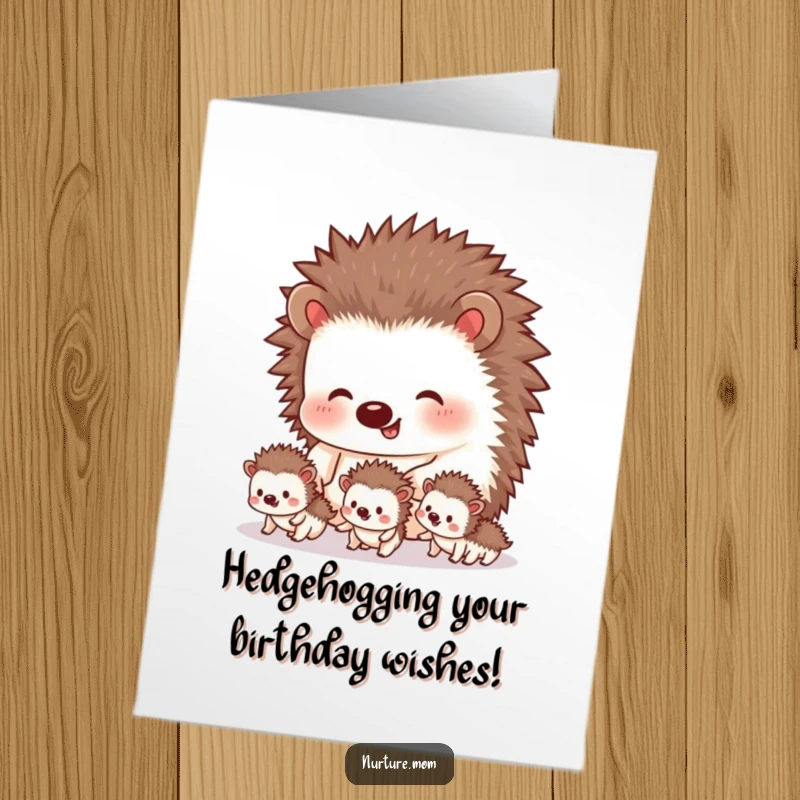Funny Free Printable birthday card with a determined hedgehog parent leading tiny siblings, a heartwarming and humorous downloadable illustration.