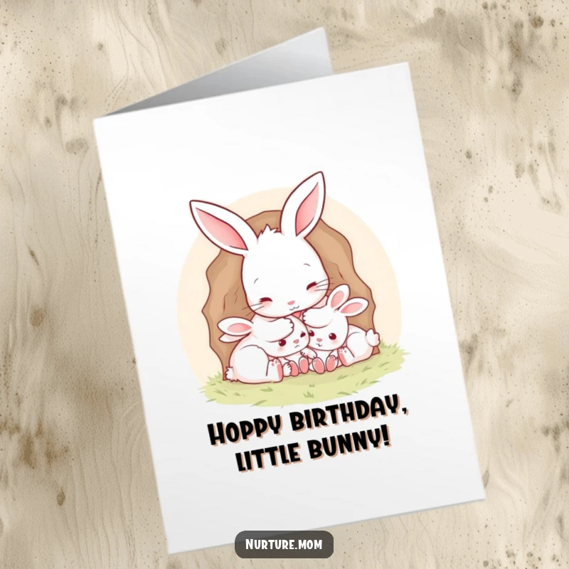 Cute Free Printable Birthday Card: Mother rabbit tucking her sleepy bunnies into a warm burrow.