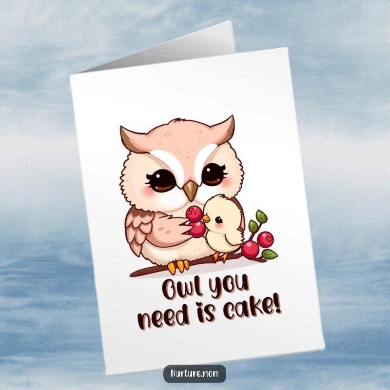Funny Free Printable Birthday Card: Kawaii owl mom gently feeding a tiny chick a juicy berry.