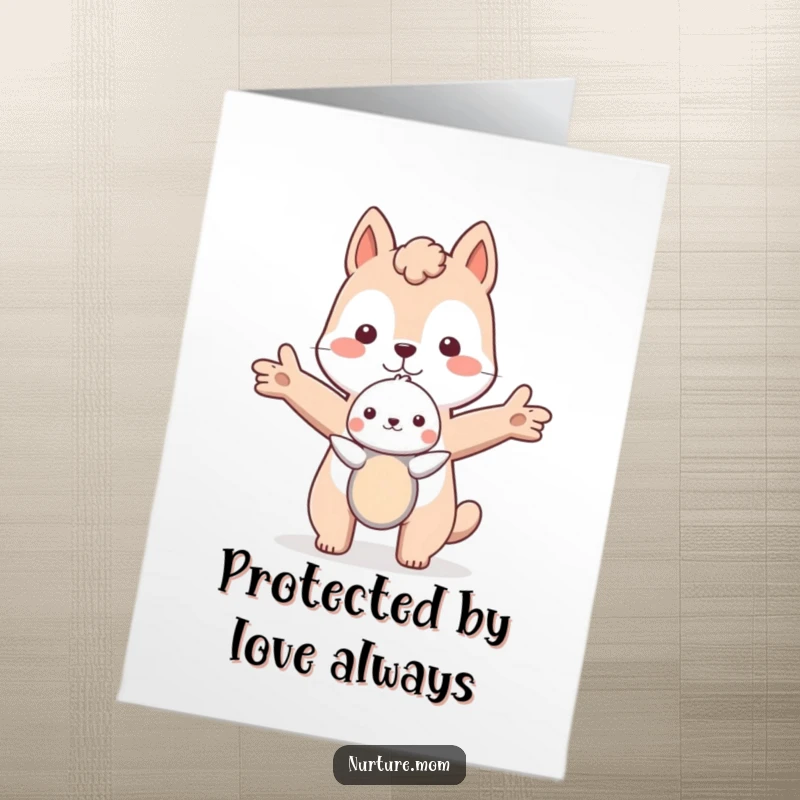 Loving Free Printable Birthday Card: A large animal protecting a small creature with wide, outstretched arms in a hug.