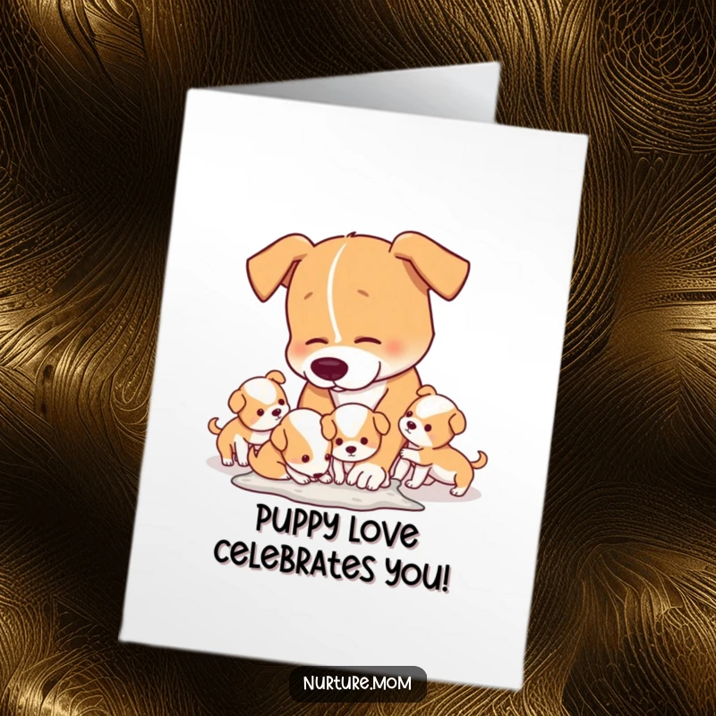 Funny Free Printable Birthday Card: Tired dog mom cleans up after energetic puppies, perfect for animal lovers.