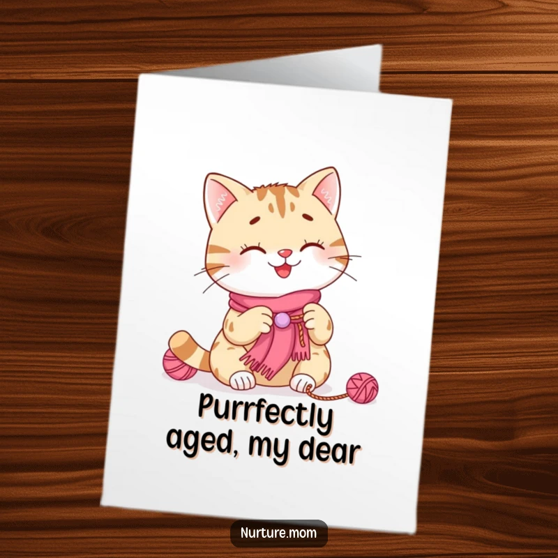 Funny free printable birthday card showing a smiling cat happily knitting a tiny scarf with colorful yarn.