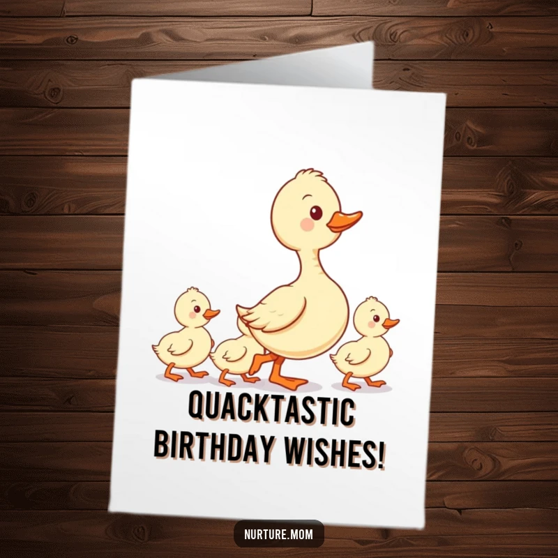 Funny Free Printable Birthday Card: Kawaii duck mom leading ducklings in a neat line, orderly and humorous celebration.
