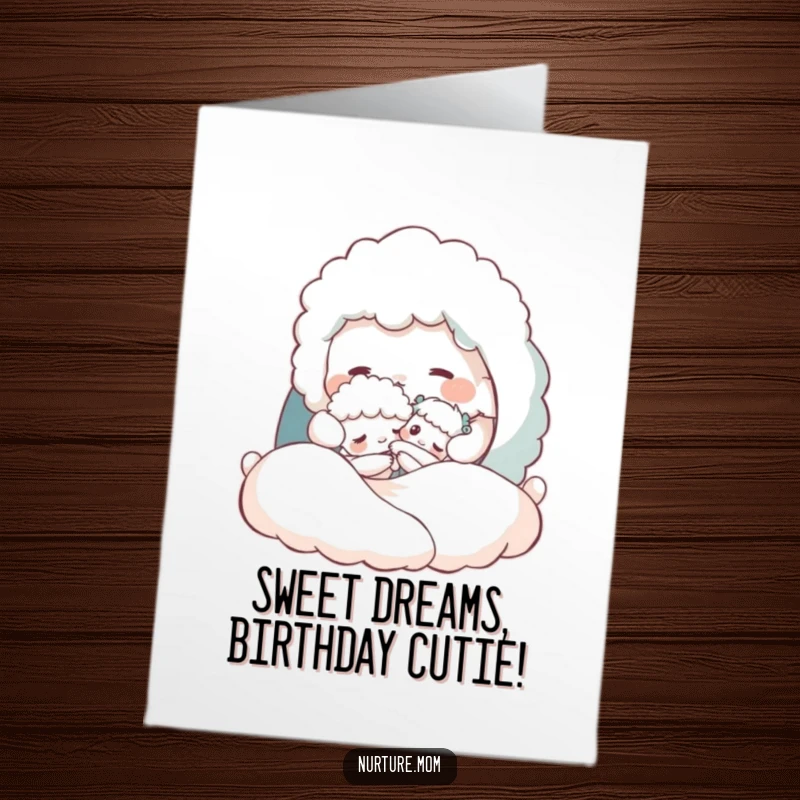 Funny Free Printable Birthday Card: a fluffy creature tucking a small one into a comfy bed.