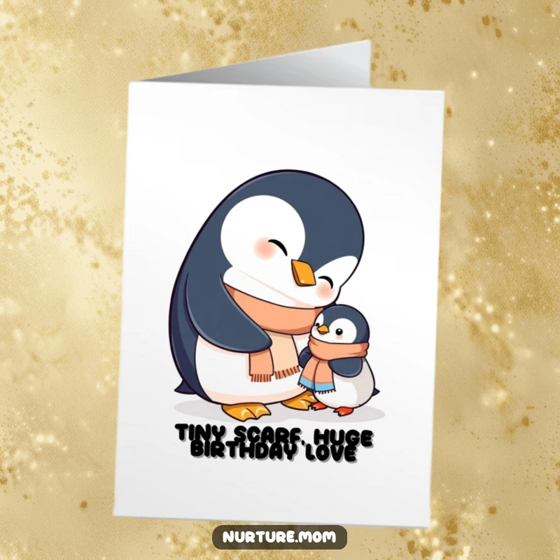 Funny Free Printable Birthday Card: Mama penguin smiles as she gently helps chick button a tiny scarf, sharing a loving moment.