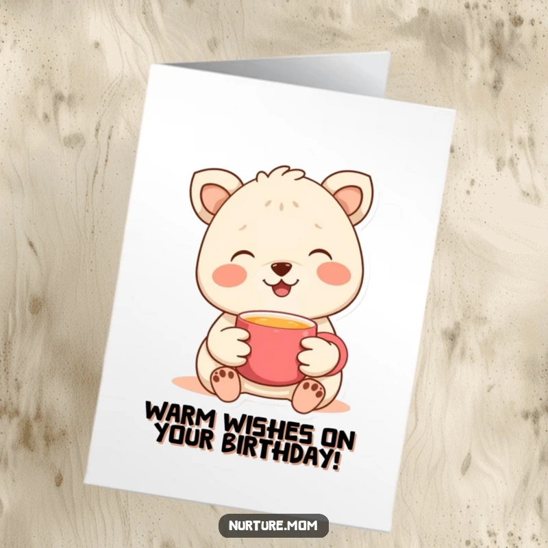Funny Free Printable Birthday Card: a smiling animal offering a steaming cup of warmth.